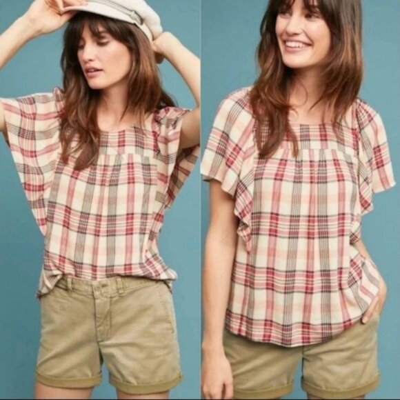 Anthropologie Maeve‎ Priscilla Plaid Flutter Sleeve Top Size Small - Picture 8 of 8